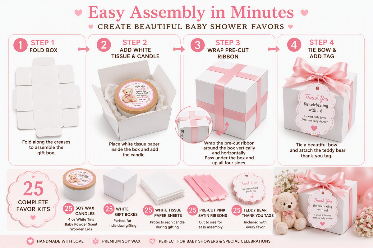 🩷 Teddy Bear Baby Shower Candle Favor Kit for Girls (Set of 25)