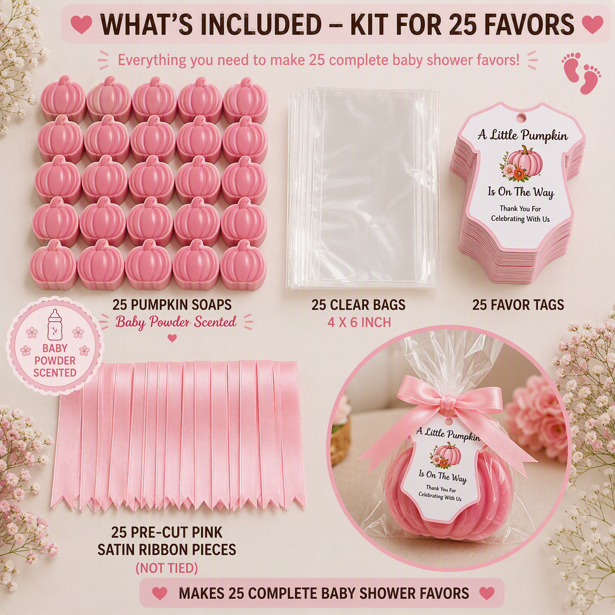 🎃 Pink Pumpkin Glycerin Soap Baby Shower Favor Kit (Set of 25)