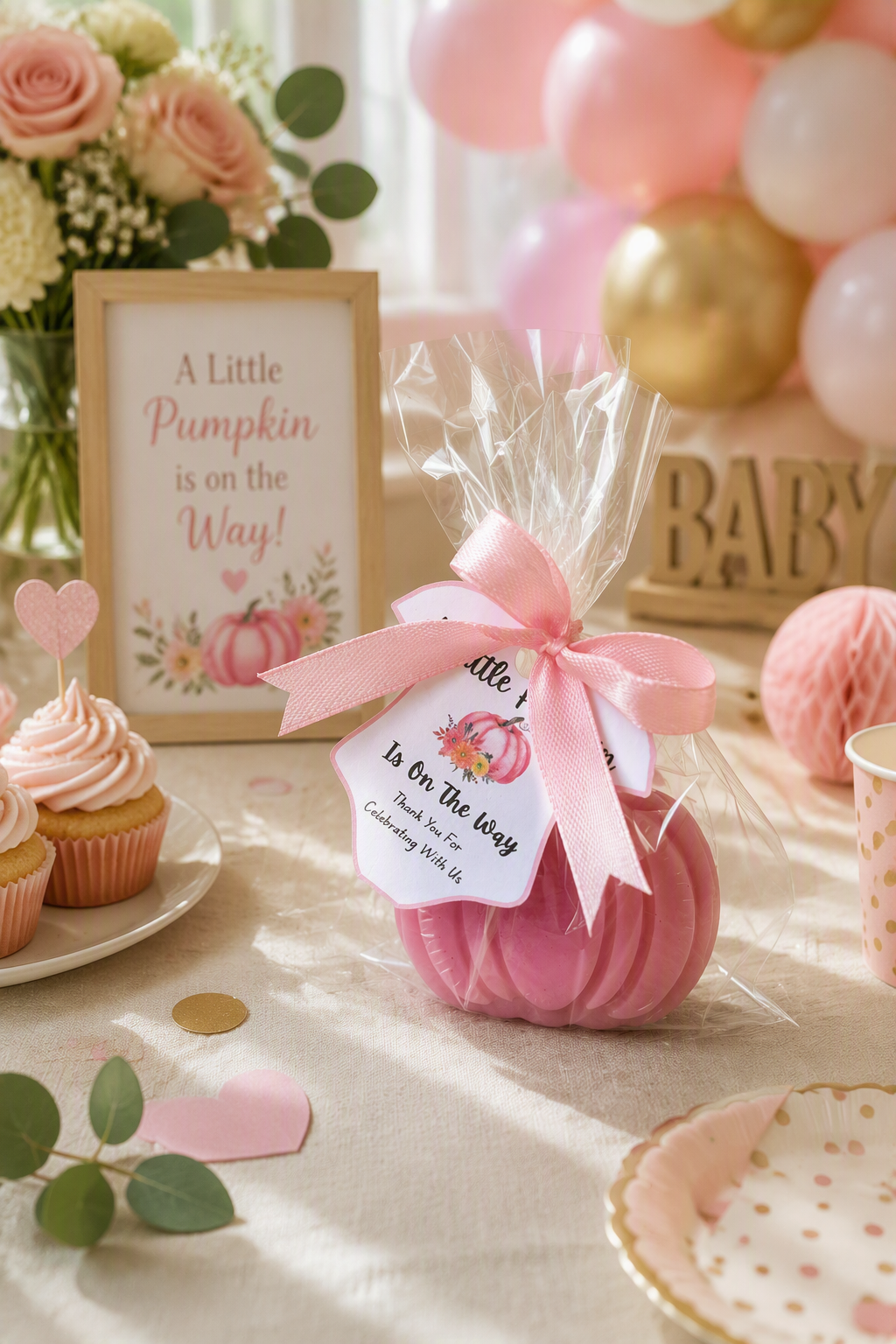 🎃 Pink Pumpkin Glycerin Soap Baby Shower Favor Kit (Set of 25)