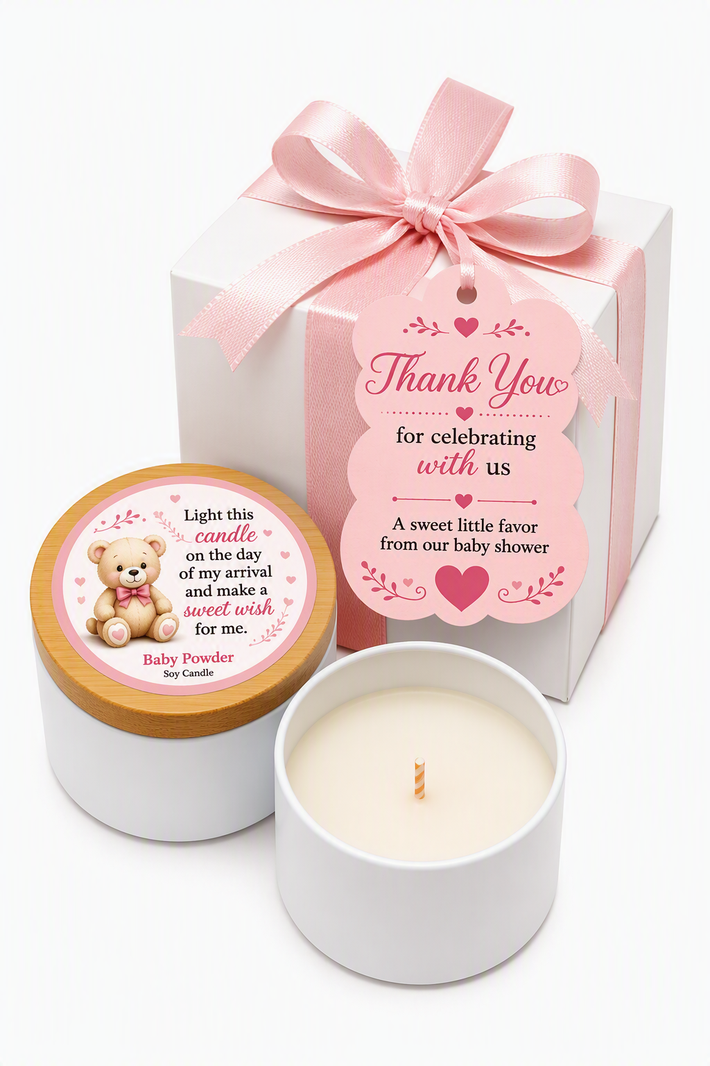 🩷 Teddy Bear Baby Shower Candle Favor Kit for Girls (Set of 25)